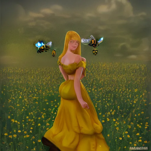 Image similar to a girl in a yellow dress riding a giant bee in the field, trending on artstation