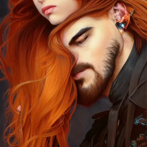 Image similar to portrait of a panther with a humanoid face, male, handsome, masculine, full body, red hair, long hair, soft hair, fantasy, intricate, elegant, highly detailed, suit, coffee shop, digital painting, artstation, concept art, character art, smooth, sharp focus, illustration, art by artgerm and greg rutkowski and alphonse mucha