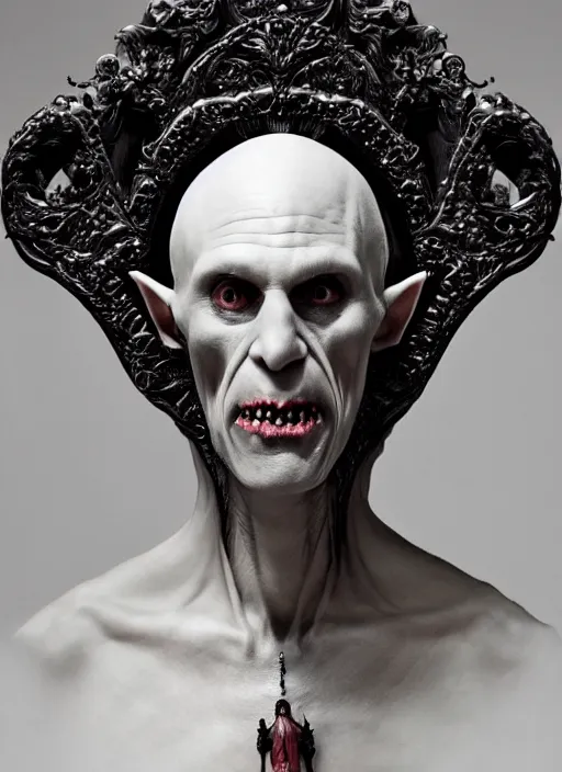 Prompt: a portrait of nosferatu by erwin olaf and nekro borja, photorealistic, intricate details, hyper realistic, dark fantasy, rococo onyx headpiece, crystals, photorealistic, canon r 3, photography, symmetrical features, symmetrical pose, wide angle shot, head to toe, standing pose, feet on the ground
