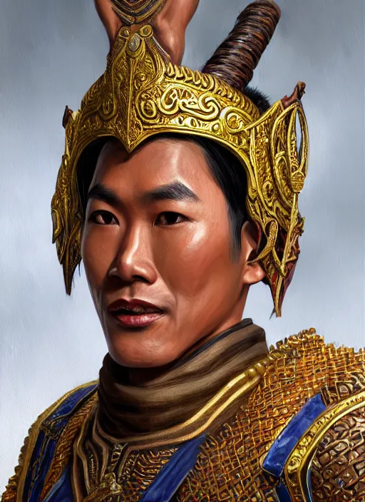 Image similar to smart ramkhamheang, closeup portrait, without beard and mustache, historical hero, ethnic group, tai costume, thai transitional bronze headdress, intricate, with leather armor cross on bare chest, elegant, loin cloth, highly detailed, oil painting, artstation, concept art, matte, sharp focus, illustration, hearthstone, art by earl norem