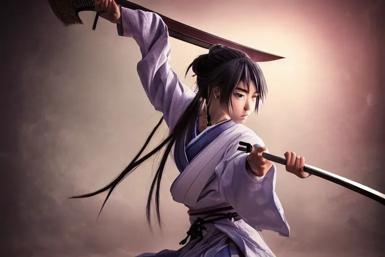 Prompt: highly detailed beautiful photo of a madison beer as a young female samurai, practising sword stances, art by koyoharu gotouge, symmetrical face, beautiful eyes. realistic, 8 k, award winning photo, pastels colours, action photography, 1 / 1 2 5 shutter speed, sunrise lighting,