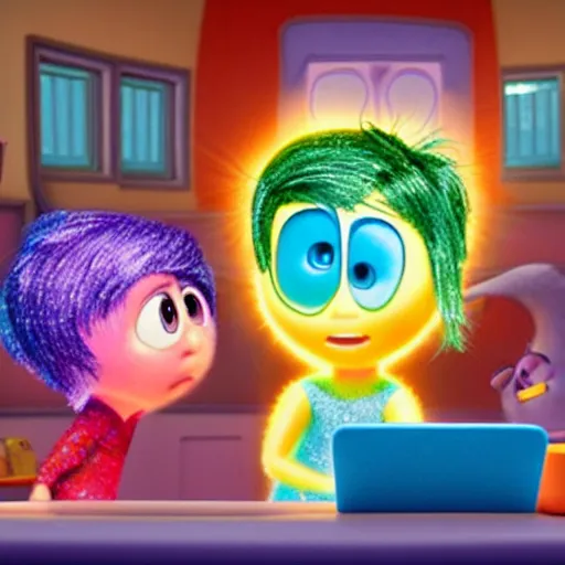 Prompt: A scene from Inside Out where Joy and Sadness are falling through the memory dump, colorful, dynamic, Pixar, illustrative, details, sharp focus, by Del Alberte and Mark Walsh