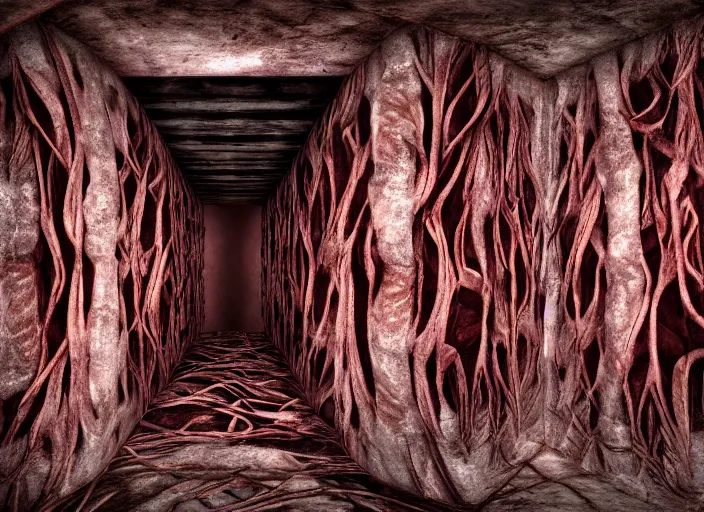 Image similar to In the wall of a room one rectangular portal is opened to a new room, consisting of meat, veins, lungs, blisters, kidneys. Bodyhorror, wide angle shot, extremely high detail, 16k, 8k