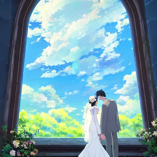 Image similar to a detailed beautiful picture of the window of the church, a bride and a groom, sky, flower, by makoto shinkai, - w 7 6 8