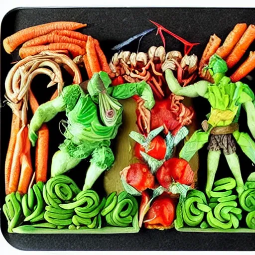 Image similar to the epic battle of good v.s evil as depicted by vegetable art