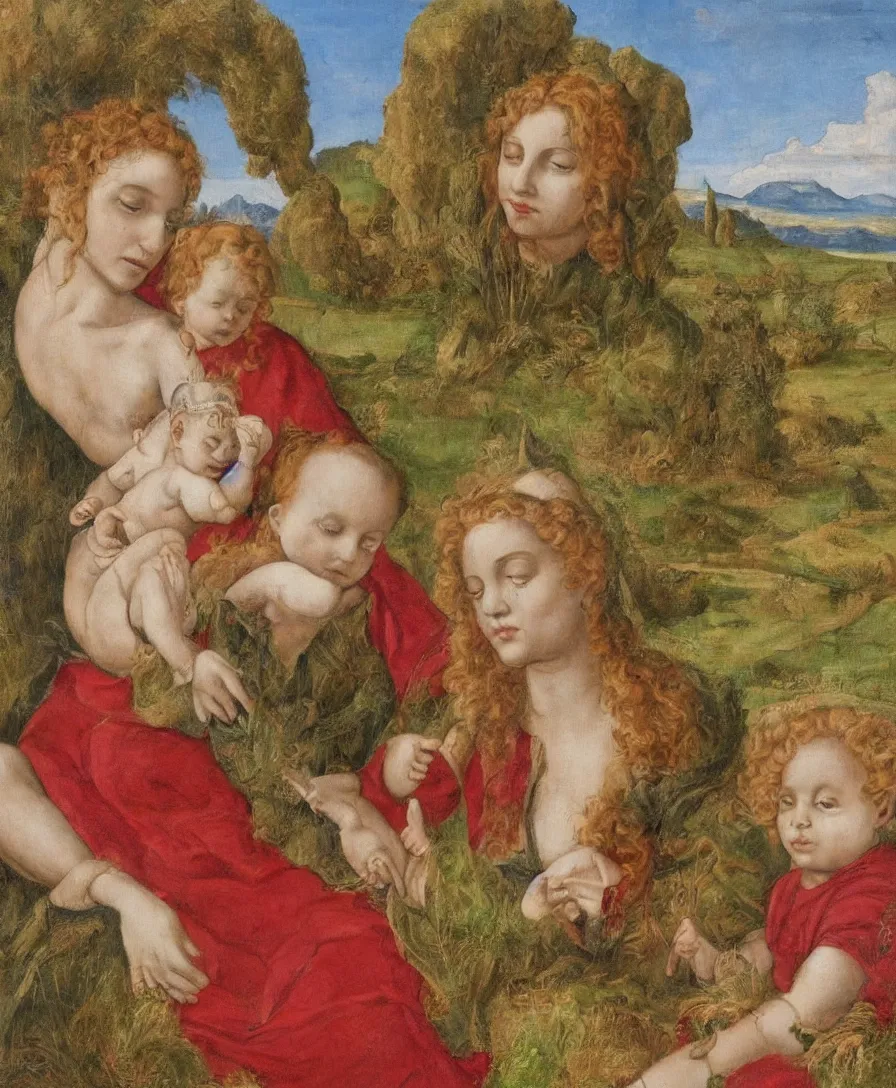 Image similar to Detailed Portrait of Madonna, with infant Jesus playin with thin long cross in the style of Raffael. Red curly hair. They are sitting in a dried out meadow in Tuscany, red poppy in the field. On the horizon there is a blue lake with a town like florence and blue mountains alps. Golden Ratio. Flat perspective.