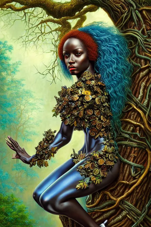 Image similar to hyperrealistic post - rococo super gorgeous! black woman with exoskeleton armor, merging with tree in a forest, highly detailed digital art masterpiece smooth cam de leon hannah yata dramatic pearlescent blue teal light ground angle hd 8 k sharp focus