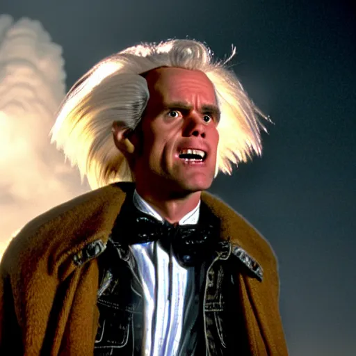 Prompt: stunning awe inspiring jim carrey as doc brown in the movie back to the future, movie still 8 k hdr atmospheric lighting