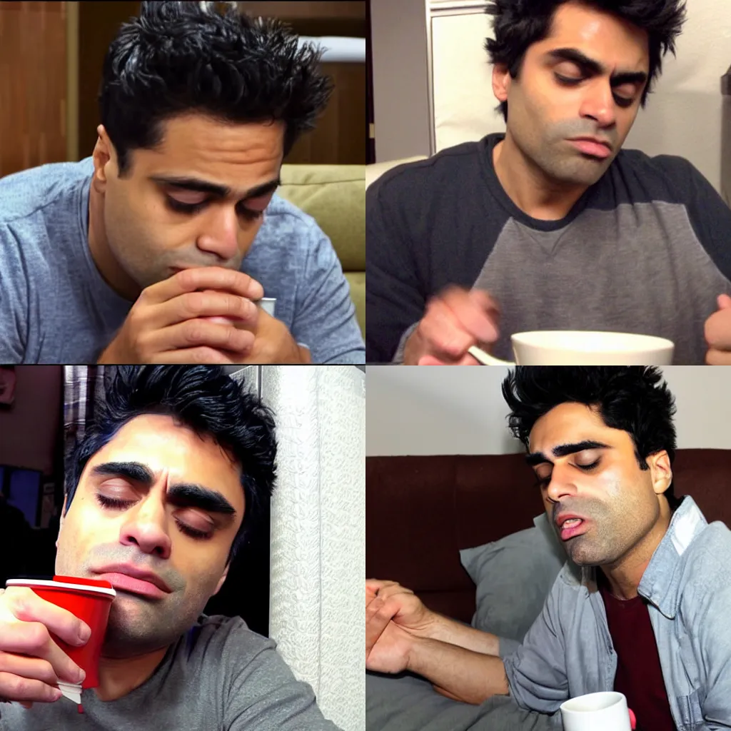 Prompt: sleep deprived ray william johnson falling asleep while drinking coffee