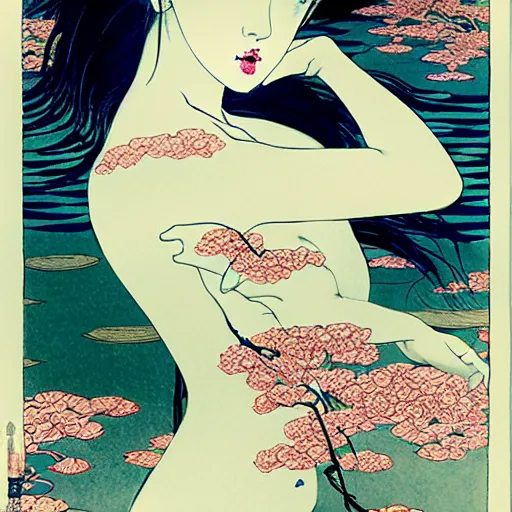 Image similar to prompt: beautiful girl in lake with light up face painted in Hokusai style drawn by Vania Zouravliov and Takato Yamamoto, nymph in the water, small flowers around and on the side, intricate oil painting, high detail, Neo-expressionism, post-modern gouache marks on the side, gnarly details soft light, white background, intricate detail, intricate ink painting detail, sharp high detail, manga and anime 2000