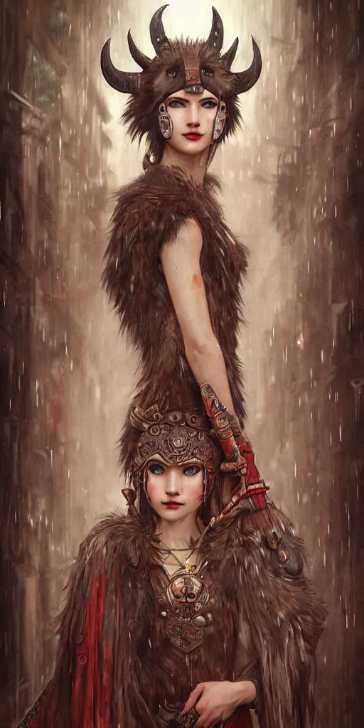 Image similar to hyper realistic Princess Mononoke, ornate mask, wet market street, rainy cyberpunk metropolis, full body pose, wolves, style of tom bagshaw, mucha, james gurney, norman rockwell, denoised, sharp