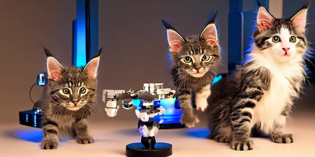 Prompt: a d rendered movie still a cute robotic kitten with rgb ambient lighting implants. the robot maine coon kitten. in the background is a cyberpunk cat tree with rgb dramatic lighting. science fiction blockbuster movie from the future, imax 7 0 mm. style of mandalorian ( american space western television series )