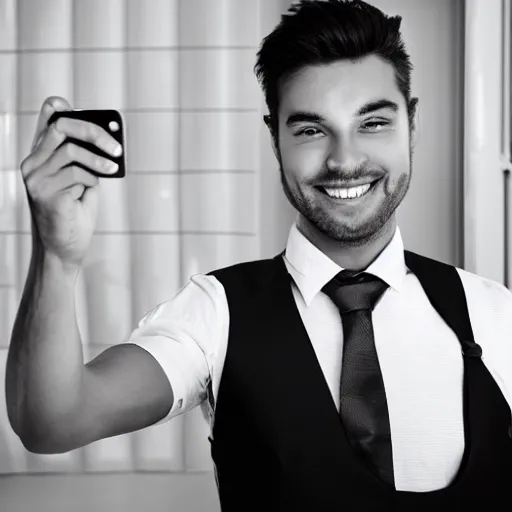 Prompt: a man with black vest and white shirt selfie in mirror