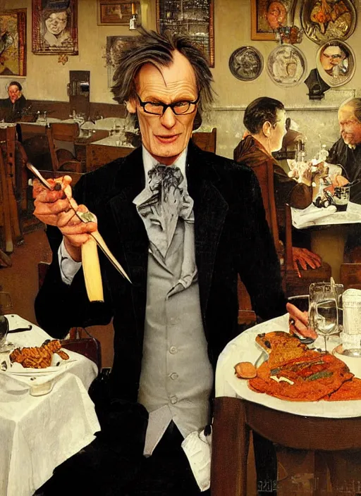 Prompt: full body and head portrait of bill nighy as victor from underworld in a restaurant eating a chop, painted by norman rockwell and tom lovell and frank schoonover