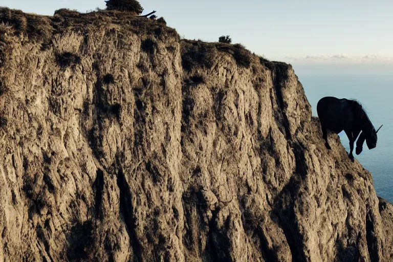 Image similar to beautiful black unicorn on top of a cliff natural lighting by Emmanuel Lubezki