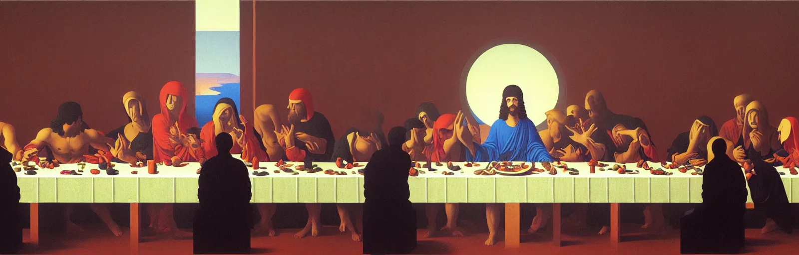 Image similar to colorful!!! the last supper by rene magritte, cyberpunk, kanagawa wave by laurie greasley and bouguereau, ( ( etching by gustave dore ) ), ultraclear intricate, sharp focus, highly detailed digital painting illustration, concept art, masterpiece