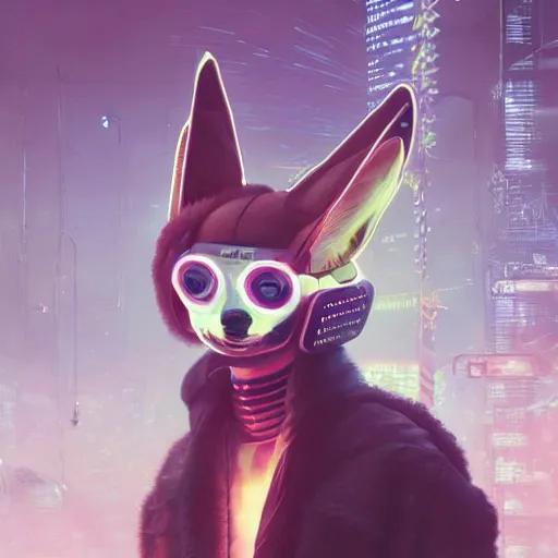 Image similar to portrait futuristic fennec fox animal, wearing a santa hat on their head, in future cyberpunk tokyo rooftop , sci-fi, fantasy, intricate, very very beautiful, elegant, human anatomy, neon light, highly detailed, digital painting, artstation, concept art, smooth, sharp focus, illustration, art by tian zi and WLOP and alphonse mucha