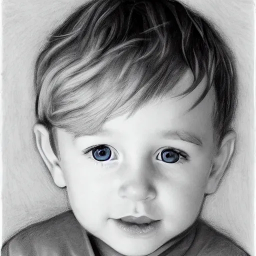 Image similar to pencil drawing of a toddler boy with curly light blond hair and blue eyes, photography, realistic