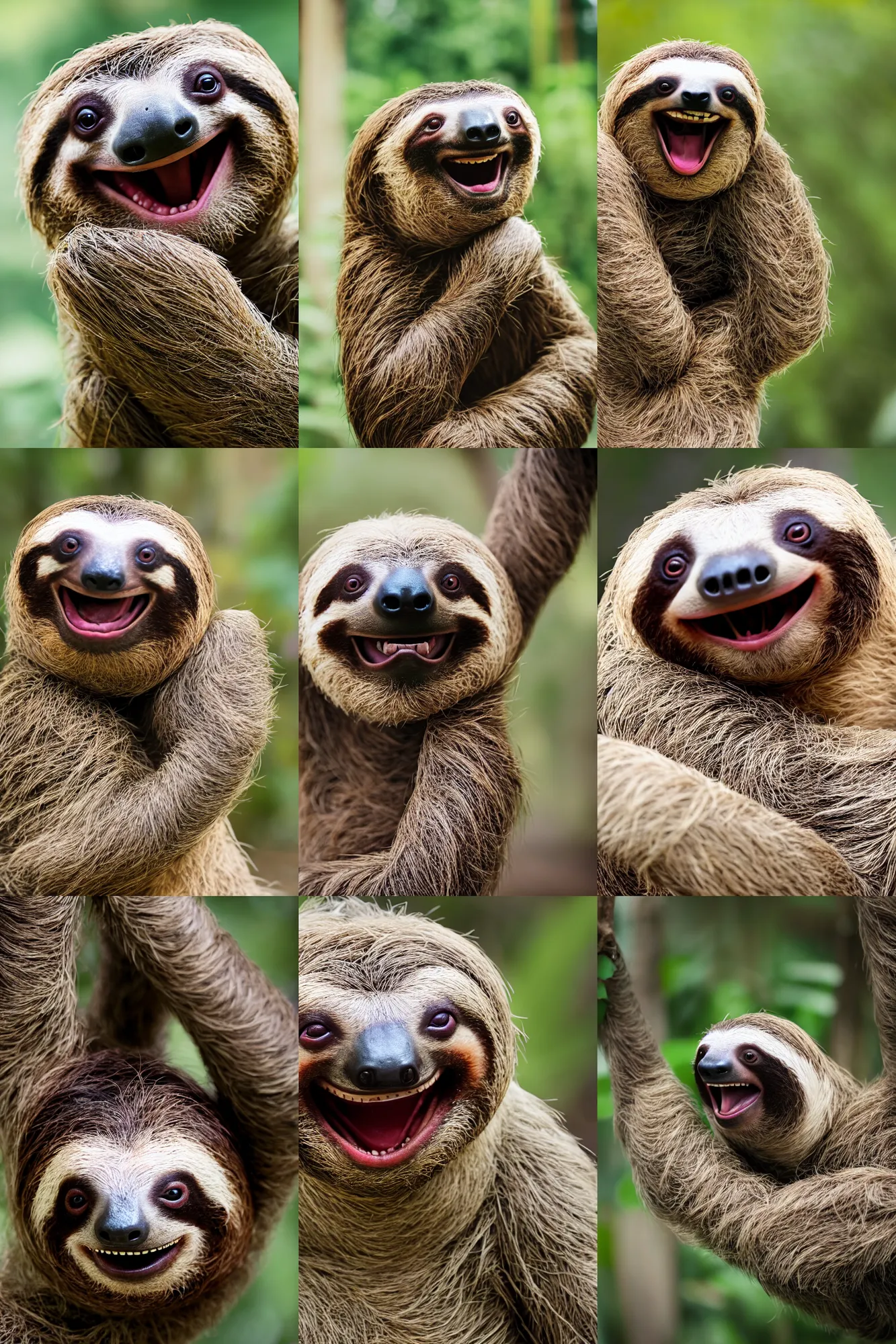 Prompt: photo of a sloth smiling with its mouth wide open!!!!!!!!, showing big human teeth!!!!!!!!!!!!!!!!!!!!, nature photography, bokeh, 2 0 0 mm, f / 2. 8, high quality, 4 k