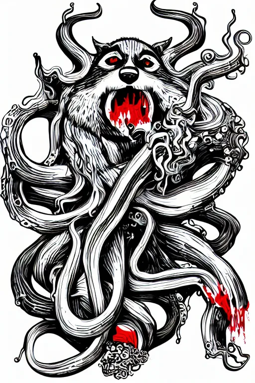 Image similar to Racoon with tentacles, the devil, sticker, blood thirsty, spawn of Satan, burning in hell, blood, evil, colorful, illustration, highly detailed, simple, smooth and clean vector curves, no jagged lines, vector art, smooth