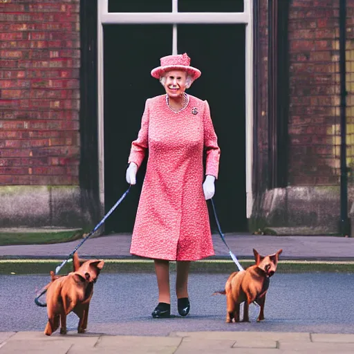 Prompt: photography portrait of queen elizabeth ii, queen of united kingdom, wearing a union jack dress and walking her dogs in the streets of london, photorealistic, canon r 3, photography, wide shot, symmetrical features, symmetrical pose, wide angle shot, head to toe, standing pose, feet on the ground