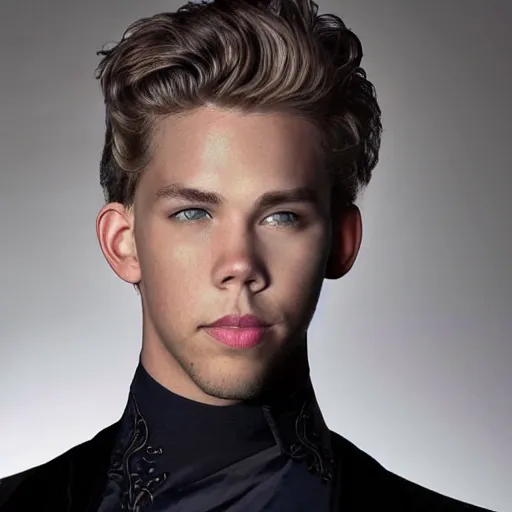 Image similar to medium face shot of adult Austin Butler !!!!with exposed head!!!!, dressed in black-prussian blue futuristic-tudoresque clothing with Harkonnen-Ram-embroidery, and nanocarbon-vest, in an arena in Dune 2021, XF IQ4, f/1.4, ISO 200, 1/160s, 8K