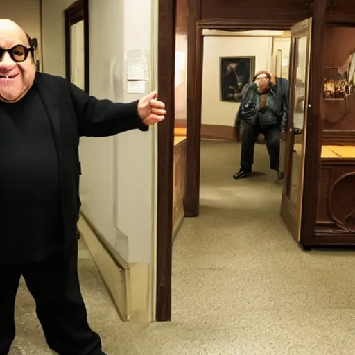 Image similar to pov encounter with danny devito in the backrooms, realistic, liminal space, unnerving