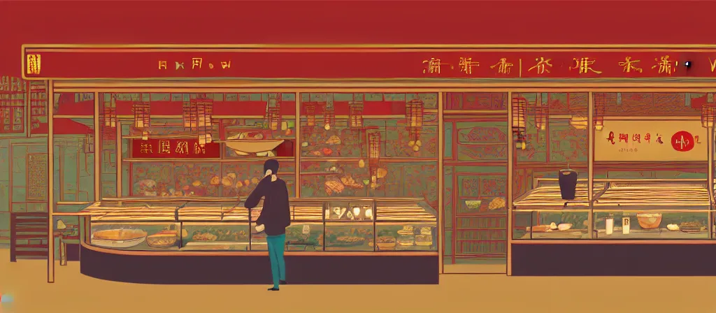 Prompt: a beautiful simple 4 k hd wallpaper illustration of interior view of the corner of roasted string hotpot shop, simple style, from china, with merchant logo, simple structure, surrealistic, chinese style, victo ngai, james jean, denoise, deblurring