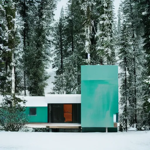 Image similar to wes anderson style modern futuristic house near the lake, snowy mountains and green forest, cinematic, realism, photo, detailed