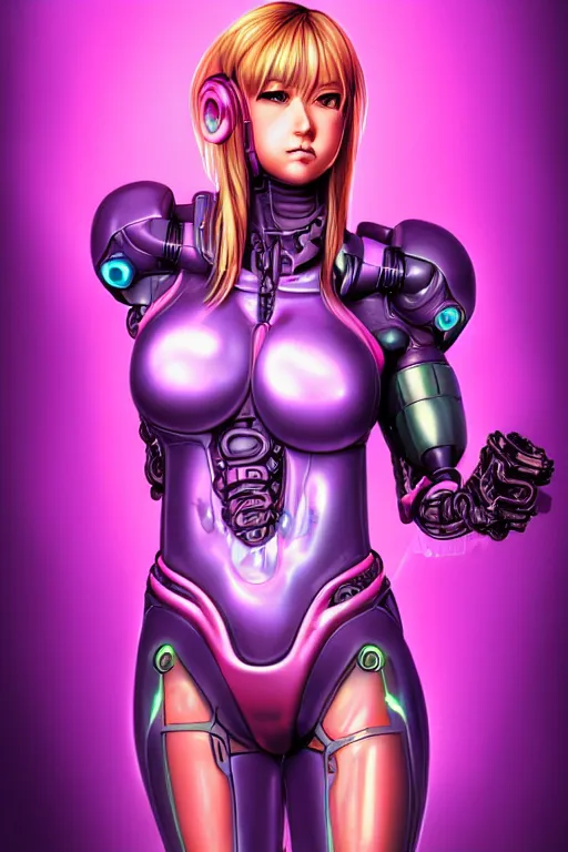 Image similar to samus aran, kowloon cyberpunk, biomechanical oppai, rain, purple and pink neon, by artgerm and kaneko and sorayama and alphonse mucha, trending on artstation