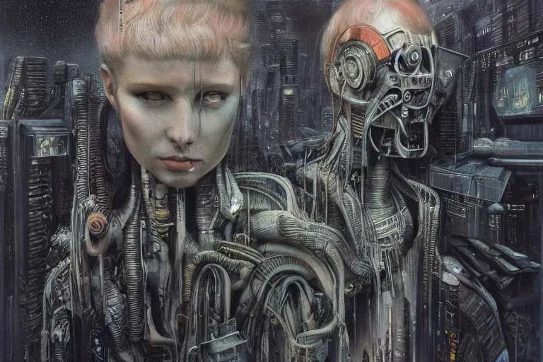 Image similar to highly detailed concept art of blade runner characters, dystopian post - apocalyptic retrofuturistic neon vibe, an ultrafine detailed painting by hans giger and wayne barlowe, trending on deviantart, pop surrealism, whimsical, lowbrow, perfect symmetrical face, sharp focus, octane, masterpiece