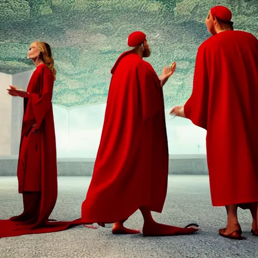 Prompt: octane render by mort kunstler and annie leibovitz and monia merlo, a line of people in colorful tunics receiving holy communion from a monstrous alien creature in a red cardinal robe, 4 d, 4 k, volumetric lighting, ray traced lighting, ultra - detailed