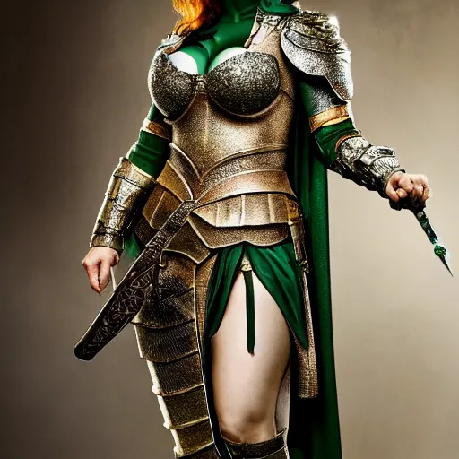 Image similar to full body photo of christina hendricks as a warrior with emerald encrusted armour