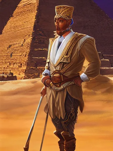 Image similar to a handsome man, leaning on his staff, near the great pyramids. intricate, elegant, highly detailed, digital painting, artstation, concept art, sharp focus, illustration, by justin gerard and artgerm, 8 k