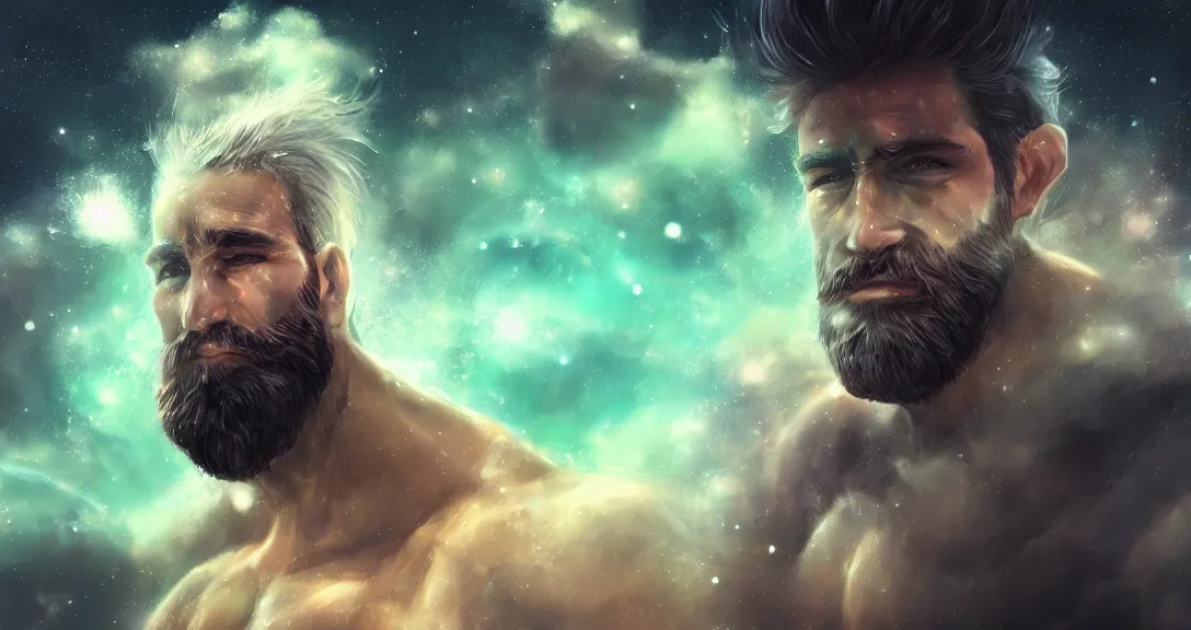 Image similar to male, white beard, space clouds, milkyway, green eyes, bodybuilder, single subject, intricate, detailed, volumetric lighting, scenery, digital painting, highly detailed, artstation, sharp focus