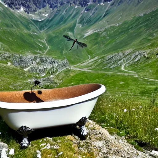 Image similar to dragonfly in a bathtub in the alps, goats! in background