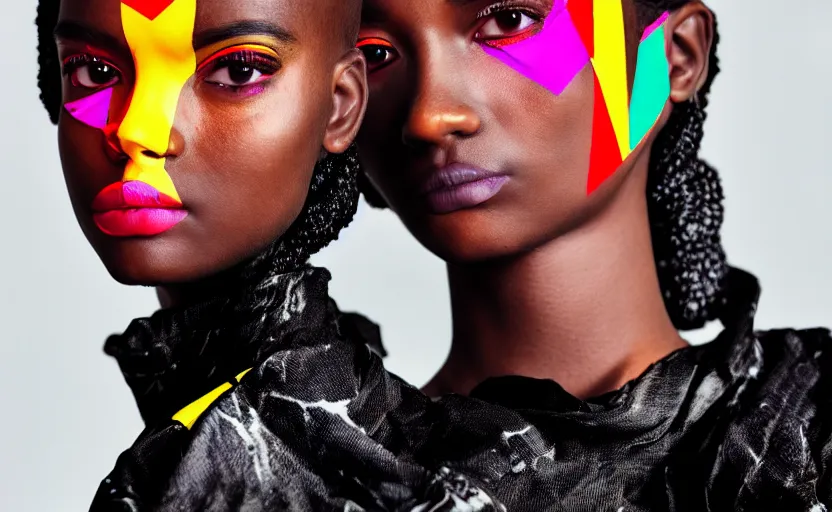 Image similar to close up portrait of extremely beautiful female black marble statue in the style of virgil abloh, colorful motocross logos behind her, sharp focus, clear, detailed,, cinematic, detailed, off white, glamourous, symmetrical, vogue, editorial, fashion, magazine shoot, glossy