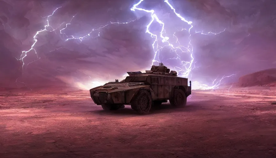 Prompt: an image of an armored vehicle in the night desert with blue headlights on by Paul Chadeisson, atmospherical, concept art, high detail, intimidating , cinematic, purple lightning , heavy storm , Artstation trending, octane render, wet metal