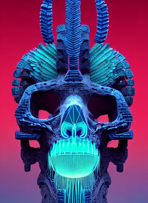 Prompt: 3 d totem portrait, sigma 5 0 0 mm f / 5. beautiful intricate highly detailed quetzalcoatl skull and feathers. bioluminescent, plasma, lava, ice, water, wind, creature, thunderstorm! artwork by tooth wu and wlop and beeple and greg rutkowski, 8 k trending on artstation,