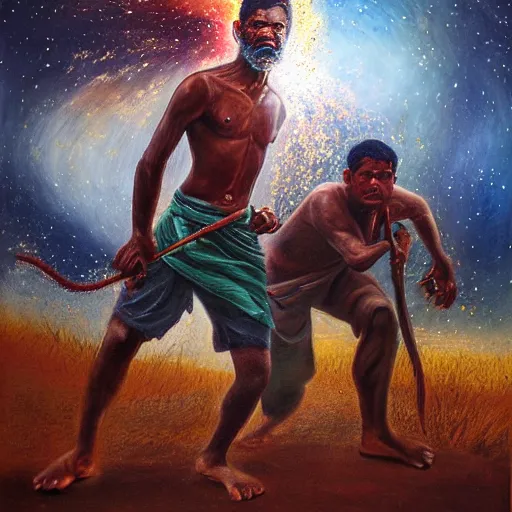 Image similar to portrait of head and body, single bangla farmer fighting on hoseback, hand to hand combat with machete, wielding machete, lungi, full body view, long flowing hair, fighting for his life, nebula aura surrounding subject, horseback combat attacker foreground, background of invading army, nestor canavarro hyperrealist art style, sharp outlines