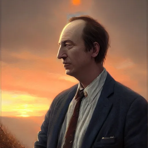 Prompt: portrait of bob odenkirk, sunset, gorgeous view, depth, painted by seb mckinnon, high detail, digital art, painted by greg rutkowski, trending on artstation