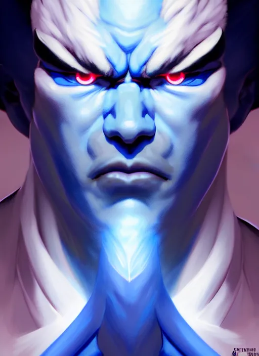 Image similar to symmetry!! portrait of blue akuma, street fighter, global illumination!! intricate, elegant, highly detailed, digital painting, artstation, concept art, smooth, sharp focus, illustration, art by artgerm and greg rutkowski and alphonse mucha