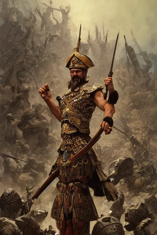 Prompt: an accurate image of a Ukrainian muscular cossack standing on a pile of skulls as a winner, masculine figure, D&D, fantasy, intricate, elegant, highly detailed, extremely detailed, digital painting, artstation, concept art, matte, sharp focus, symmetrical, illustration, art by Artgerm and Greg Rutkowski and Alphonse Mucha