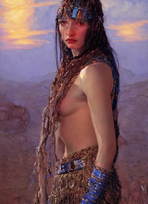 Prompt: biblical shy beautiful female druid android, heavy eyes to the side, scu, bright glowing veins, in clouds, sunset, portrait, by gerald brom, by mikhail vrubel, by peter elson, muted colors, extreme detail, reflections, trending on artstation, 8 k