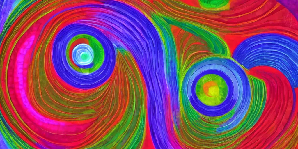 Image similar to an abstract 3d rendering of an abstract by robert delaunay of colorful spirals interacting in complex designs in the fibonacci ratio with smooth color transitions