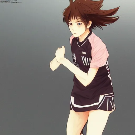 Image similar to a girl is running, sport clothing, haikyuu, anime style, brown short hair, hair down, symmetrical facial features, from arknights, hyper realistic, rule of thirds, extreme detail, detailed 4 k drawing, trending pixiv, realistic lighting, by alphonse mucha, greg rutkowski, backlit