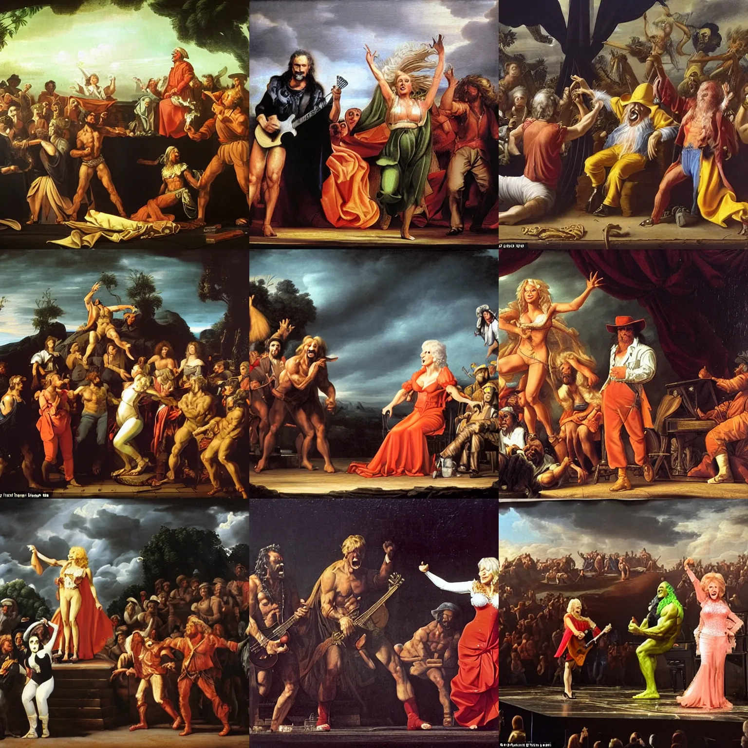 Prompt: Hulk Hogan and Dolly Parton perform on stage, style of salvator rosa, renaissance, the backdrop is in the style of salvator rosa, a faceless hellish choir sings in the background, apocalypse, meteors rain in the sky