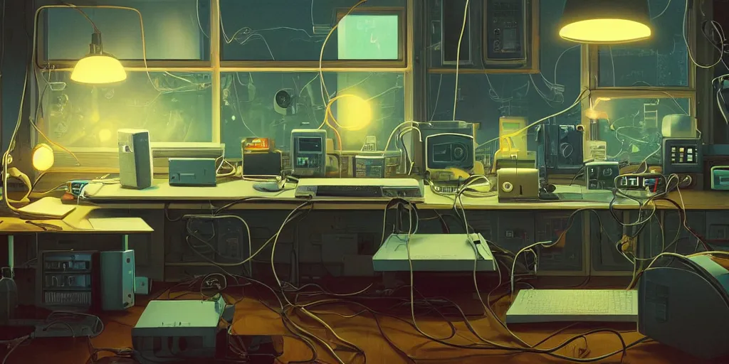 Image similar to cozy 9 0 s bedroom retrofuturism, cluttered, wires everywhere, computer, window, at night, lit only by the luminescent computer screen, dramatic lighting, alien technology, detailed by simon stalenhag