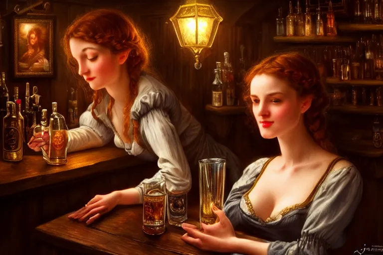 Image similar to a beautiful barmaid, dimly lit cozy tavern, relaxed pose, fantasy, intricate, elegant, dramatic lighting, emotionally evoking symbolic metaphor, highly detailed, lifelike, photorealistic, digital painting, artstation, concept art, smooth, sharp focus, illustration, art by John Collier and Albert Aublet and Krenz Cushart and Artem Demura and Alphonse Mucha