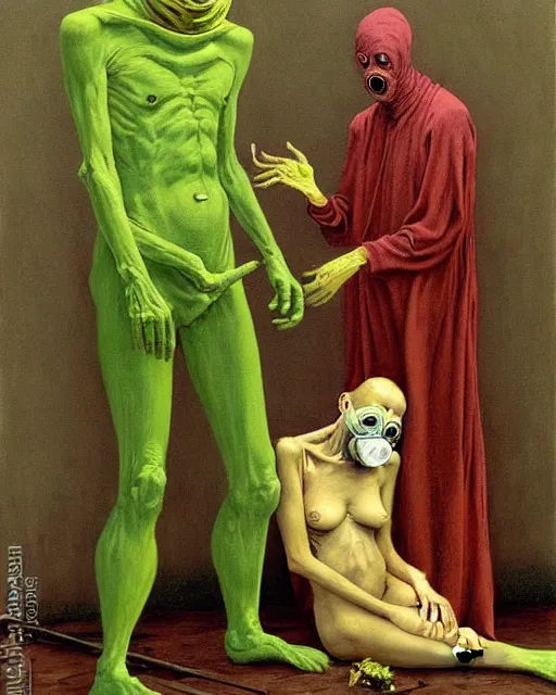 Image similar to two skinny old people with extra limbs, wearing gas masks, bodies wrapped in robes of gold, green and pink, during a biohazard apocalypse, cinematic, dystopian, eerie, horror, gothic, highly detailed painting by Francis Bacon, Beksinski, Esao Andrews, !!!Edward Hopper!!! surrealism, art by Takato Yamamoto and !!!James Jean!!!